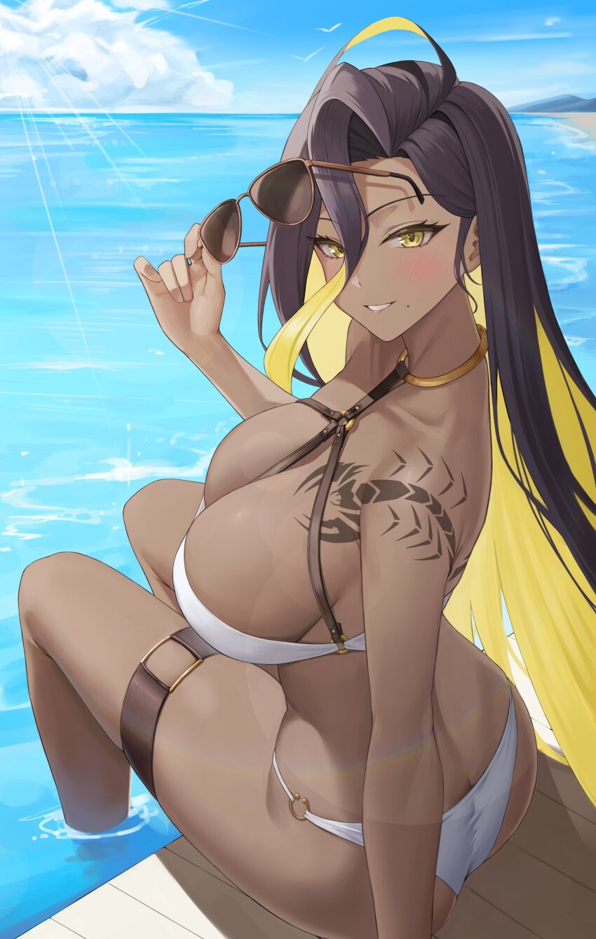 1girl absurdres ass bikini butt_crack character_request colored_inner_hair copyright_request dark-skinned_female dark_skin ein_tiger highres looking_at_viewer multicolored_hair o-ring o-ring_bikini o-ring_bottom o-ring_top scorpion_tattoo smile solo sunglasses swimsuit tattoo thigh_strap
