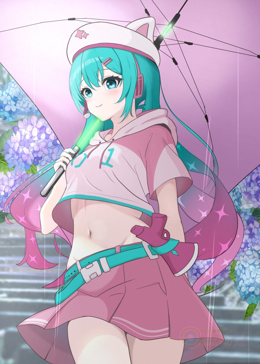 1girl absurdres animal_ears animal_hat aqua_belt aqua_eyes aqua_hair blush breasts cat_ears cat_hat closed_mouth fortnite futatunoniji gradient_hair gun hair_ornament hairclip hat hatsune_miku headset highres holding holding_umbrella hood hoodie long_hair midriff multicolored_hair navel neko_hatsune_miku pink_hair pink_hat pink_hoodie pink_skirt skirt smile solo stomach twintails two-tone_hair umbrella vocaloid weapon