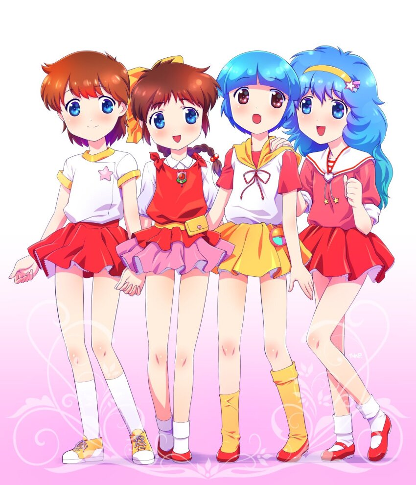 4girls blue_eyes blue_hair braid brown_eyes brown_hair full_body hairband hanazono_yumi hand_on_another&#039;s_shoulder highres himehachi_(hime8manga) jewelry kazuki_mai kneehighs long_hair looking_at_viewer loose_kneehigh mahou_no_idol_pastel_yumi mahou_no_star_magical_emi mahou_no_tenshi_creamy_mami mahou_no_yousei_persia miniskirt morisawa_yuu multiple_girls open_mouth pendant persia_(mahou_no_yousei_persia) pink_shirt pink_skirt ponytail red_footwear red_shirt red_skirt ribbon shirt shoes short_hair short_sleeves skirt smile socks standing white_shirt white_socks yellow_ribbon yellow_shoes yellow_skirt yellow_socks
