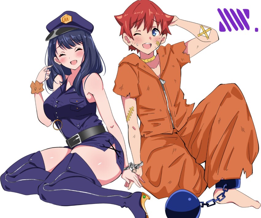 1boy 1girl ass black_hair black_skirt blue_eyes blush breasts captured chain chained closed_eyes couple cuffs freedom_xdrive gridman_universe gridman_universe_(movie) handcuffs hat hetero hibiki_yuuta highres long_hair official_alternate_costume one_eye_closed police police_hat police_uniform policewoman prison_clothes prisoner red_hair scrunchie shirt short_hair skirt takarada_rikka thighs