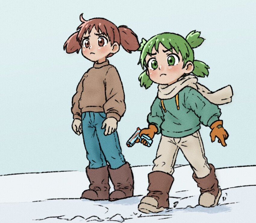 2girls alternate_costume azumanga_daiou beachepisode blush boots brown_boots brown_eyes brown_hair brown_sweater closed_mouth denim gloves green_eyes green_hair green_hoodie hood hoodie jeans koiwai_yotsuba mihama_chiyo multiple_girls orange_gloves pants scarf short_hair short_twintails snow sweater twintails water_gun white_pants white_scarf yotsubato!
