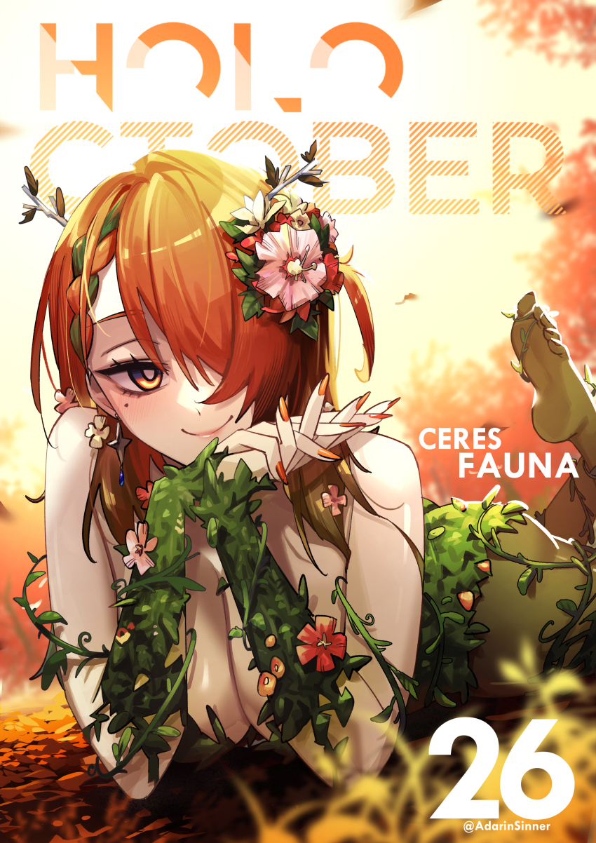 1girl absurdres adarin autumn_leaves barefoot braid breasts ceres_fauna cleavage colored_skin commentary_request cosplay earrings feet flower green_hair hair_flower hair_ornament hair_over_one_eye highres hololive hololive_english jewelry leaf leotard long_hair looking_at_viewer lying medium_breasts mole mole_under_eye moss multicolored_hair multicolored_skin on_stomach orange_eyes orange_hair orange_nails own_hands_together plant poison_ivy red_eyes red_hair smile soles solo thai_commentary the_pose toes vines virtual_youtuber