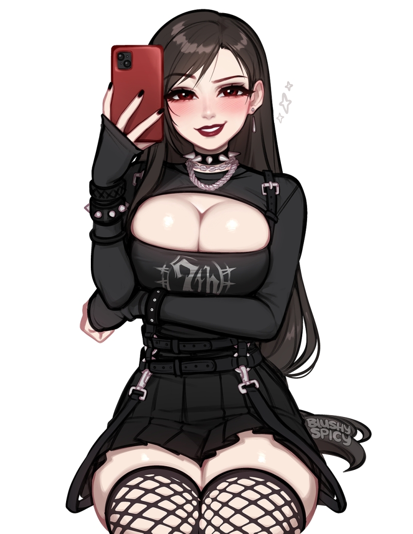 1girl alternate_costume arm_under_breasts black_choker black_hair black_nails blushyspicy breasts choker cleavage commentary earrings english_commentary final_fantasy final_fantasy_vii fishnet_thighhighs fishnets gloves goth_fashion highres jewelry large_breasts long_hair looking_at_viewer red_eyes red_lips selfie smile solo spiked_choker spikes teeth thighhighs tifa_lockhart