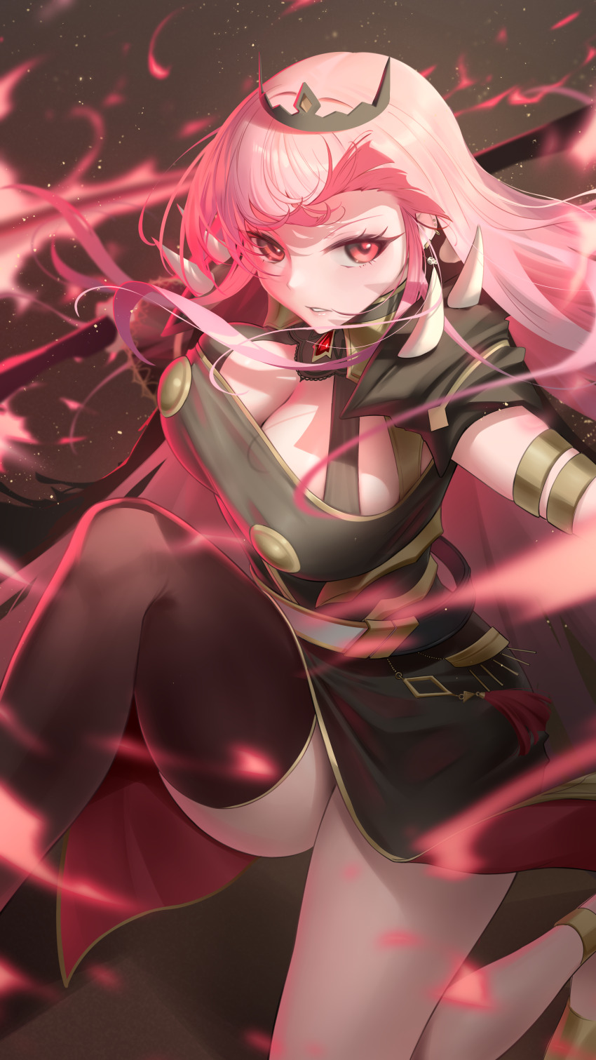 1girl absurdres black_background black_cape black_dress black_thighhighs breasts cape cleavage dress earrings energy floating_hair highres holding holding_scythe hololive hololive_english jewelry kneeling large_breasts light_particles long_hair looking_at_viewer mori_calliope mori_calliope_(1st_costume) on_one_knee parted_lips pink_eyes pink_hair scythe single_thighhigh skull_earrings solo somebody_(leiking00) spikes thighhighs thighs tiara very_long_hair virtual_youtuber