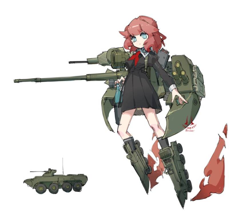 1girl armored_personnel_carrier armored_vehicle autocannon black_dress blue_eyes btr-80a cannon dress eight-wheel_drive frider gun machine_gun mecha_musume medium_hair military_vehicle motor_vehicle neckerchief personification pioneer_neckerchief red_hair red_neckerchief simple_background smoke_grenade_launcher soviet_school_uniform vehicle_and_personification war_thunder weapon wheel