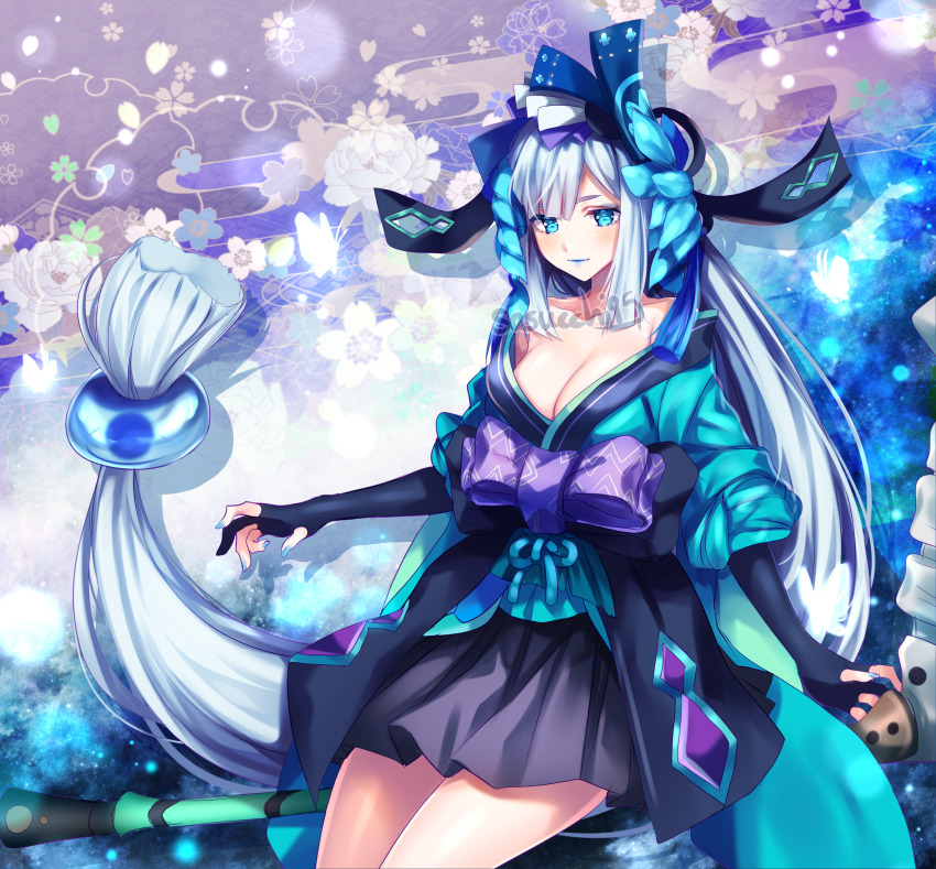 1girl aoandon aqua_kimono artist_name black_gloves black_skirt blue_background blue_lips blue_nails bow breasts bridal_gauntlets cleavage commentary cowboy_shot eyebrows_hidden_by_hair feathers floral_background gloves hair_tie highres japanese_clothes kimono large_breasts light_particles long_hair low-tied_long_hair medium_breasts miniskirt nail_polish onmyoji pleated_skirt purple_background purple_bow sasucchi95 sidelocks simple_background sitting skirt solo white_hair