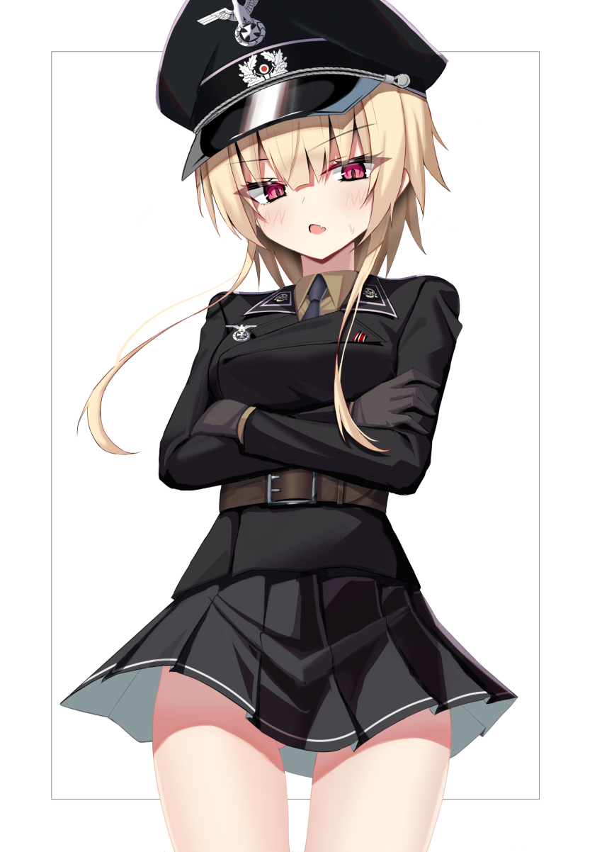 1girl absurdres belt blonde_hair brown_gloves crossed_arms fang gloves hat highres jiseki_rena looking_at_viewer military_dress_uniform military_uniform nazi necktie original peaked_cap red_eyes reichsadler rena_(jiseki_rena) short_hair_with_long_locks skin_fang skirt solo sweatdrop thighs tsurime white_background