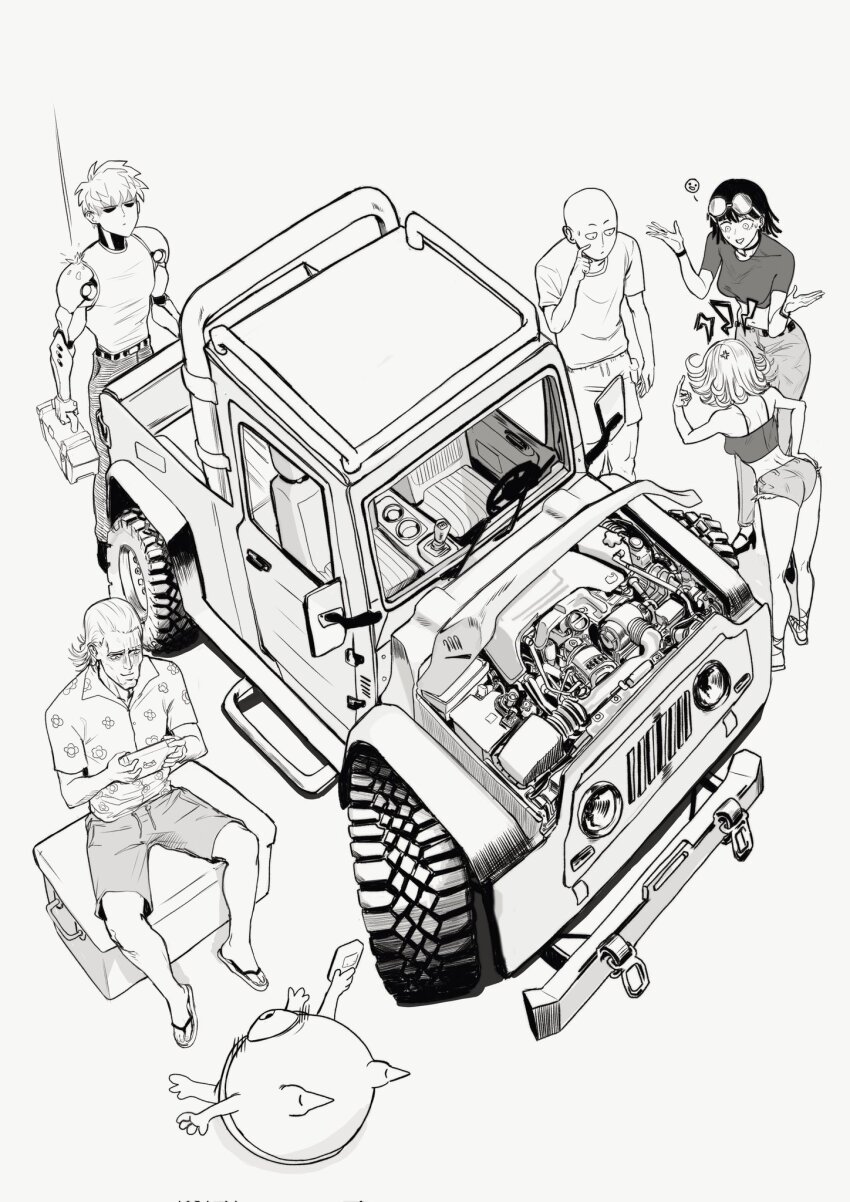 3boys 3girls android anger_vein angry collared_shirt eyewear_on_head fubuki_(one-punch_man) genos hashtag-only_commentary highres king_(one-punch_man) leaning_forward looking_at_another manako_(one-punch_man) military_jeep mobile_console monochrome motor_vehicle multiple_boys multiple_girls nnsee_d one-punch_man pants saitama_(one-punch_man) scratching_cheek shirt short_hair short_shorts shorts sitting smile standing sunglasses sweatdrop t-shirt tatsumaki wariza