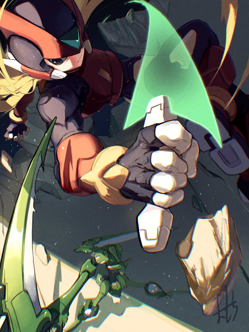 absurdres arm_blade armor battle black_eyes blonde_hair deathtanz_mantisk_(mega_man) energy_sword helmet highres holding holding_sword holding_weapon long_hair mega_man_(series) mega_man_zero_(series) mega_man_zero_3 omochi_(mochi_skymega) red_armor red_helmet scythe sword weapon z_saber zero(z)_(mega_man) zero_(mega_man)