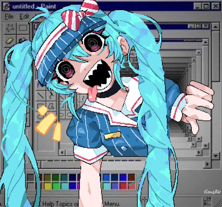 1girl aqua_hair artist_name black_eyes blue_hat blue_shirt bow commentary english_commentary fourth_wall hat hat_bow hatsune_miku koasku long_hair looking_at_viewer mesmerizer_(vocaloid) microsoft_windows notice_lines open_mouth pixel_art recursion ringed_eyes screenshot_background sharp_teeth shirt short_sleeves smile solo teeth tongue tongue_out upper_body very_long_hair visor_cap vocaloid window windows_98 windows_classic