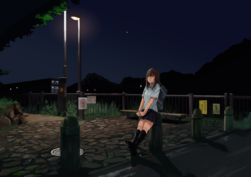 1girl aquoo bag bollard brown_hair building cobblestone commentary_request fence grass lamppost leaning_on_object manhole mountainous_horizon night night_sky original outdoors pleated_skirt polo_shirt scenery school_bag sign skirt sky solo
