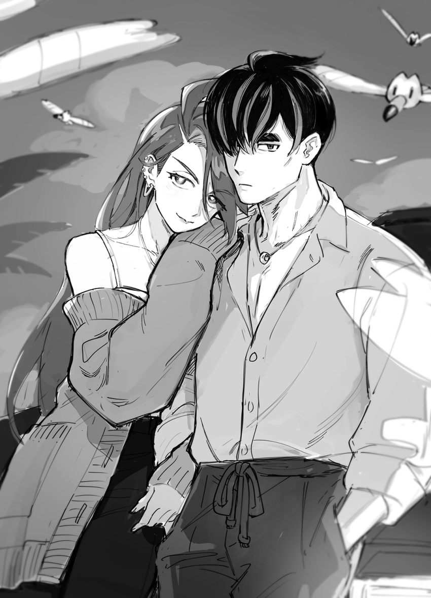 1boy 1girl bird camisole cardigan ear_piercing earrings frown gen_3_pokemon greyscale hair_down hair_over_one_eye hands_in_pockets head_on_another&#039;s_shoulder highres jewelry larry_(pokemon) locked_arms long_hair monochrome multicolored_hair necklace nicca_(nicca11y) nintendo off_shoulder partially_unbuttoned piercing pokemon pokemon_(creature) pokemon_sv rika_(pokemon) sleeves_past_wrists smile streaked_hair two-tone_hair very_long_hair wingull