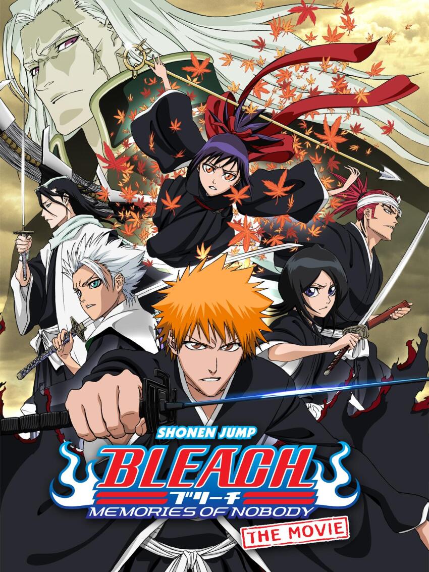 abarai_renji black_eyes black_hair bleach bleach:_memories_of_nobody brown_eyes character_counter_request copyright_name ganryuu highres hitsugaya_toushirou holding holding_weapon japanese_clothes key_visual kimono kuchiki_byakuya kuchiki_rukia kurosaki_ichigo logo multiple_girls official_art open_mouth orange_eyes orange_hair promotional_art red_hair senna_(bleach) short_hair shounen_jump spiked_hair sword weapon white_hair