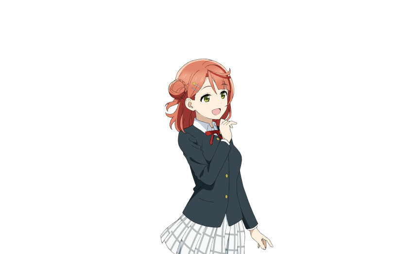 1girl black_jacket blunt_bangs braid braided_bun bun_with_braided_base buttons collared_shirt cowboy_shot hair_bun hair_ornament hairclip half_updo hand_up highres jacket long_sleeves love_live! love_live!_nijigasaki_high_school_idol_club love_live!_school_idol_festival_2 medium_hair neck_ribbon nijigasaki_school_uniform official_art open_mouth pink_hair plaid_clothes plaid_skirt pleated_skirt red_ribbon ribbon school_uniform shirt single_side_bun skirt smile solo standing swept_bangs transparent_background uehara_ayumu white_shirt white_skirt winter_uniform yellow_eyes