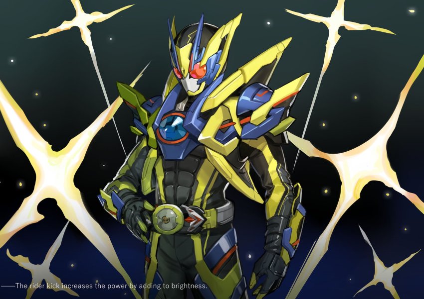 1boy alternate_costume antennae armor belt blue_armor bug clenched_hand dated debris finishing_move gloves glowing glowing_eyes grasshopper green_armor helmet highres insect jiuri_jiuhao kamen_rider kamen_rider_01_(series) kamen_rider_zero-one light lightning male_focus power_armor profile red_eyes rider_belt shining_assault_hopper signature solo standing thrusters zero_one_driver