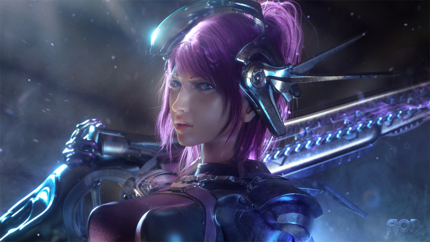 1girl 3d armor blue_eyes bodysuit breasts copyright_name headgear highres original parted_lips perky_breasts purple_hair skin_tight unfinished wen_jr