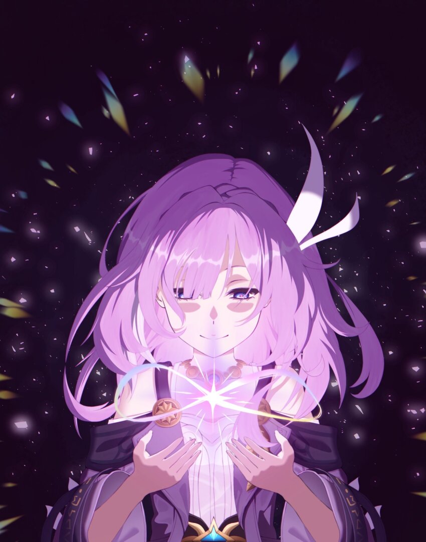 1girl blue_eyes calkunart coat commentary cyrene_(honkai:_star_rail) dress hair_ornament highres honkai:_star_rail honkai_(series) infinity_symbol jewelry medium_hair multicolored_hair necklace pink_hair pink_pupils purple_coat smile solo two-tone_hair upper_body white_dress white_hair
