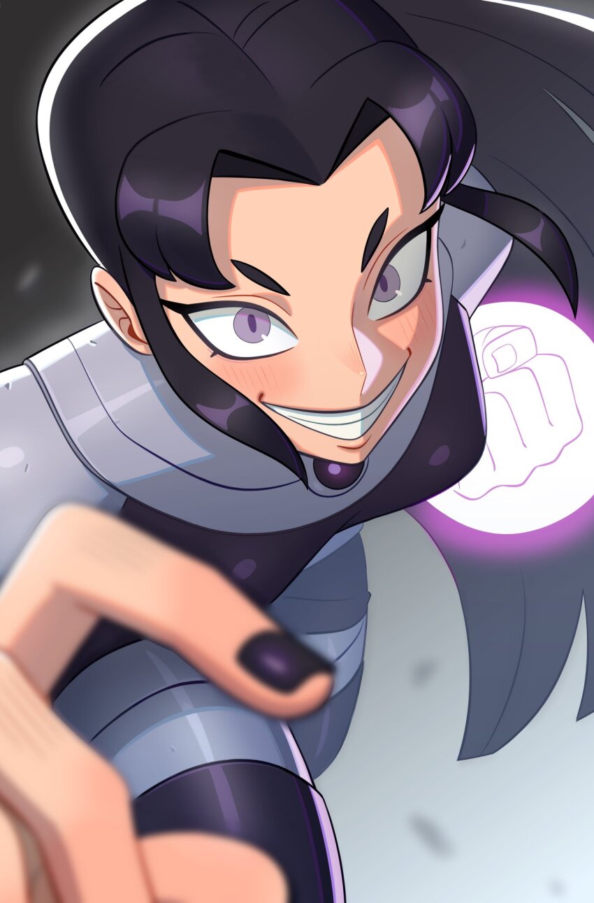 1girl awawawaart black_hair black_nails blackfire clenched_hand dc_comics energy_fist evil_smile highres long_hair looking_at_viewer purple_eyes smile teen_titans