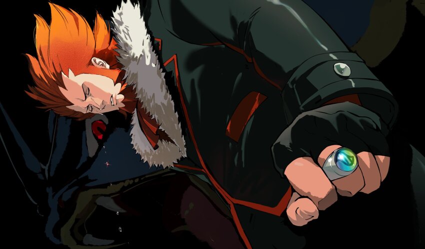 1boy ascot beard black_gloves black_jacket black_pants closed_eyes commentary_request crying cutegua dutch_angle facial_hair fangs fingerless_gloves fur-trimmed_jacket fur_trim gen_1_pokemon gloves gyarados highres jacket jewelry long_sleeves lysandre_(pokemon) male_focus mega_ring mega_stone nintendo open_mouth pants parted_lips pokemon pokemon_(creature) pokemon_xy red_ascot red_eyes red_hair red_trim ring slit_pupils solo standing tears tongue white_fur