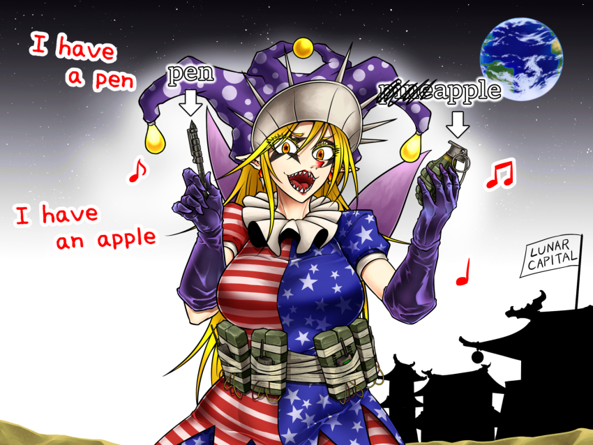 1girl aged_up american_flag american_flag_legwear american_flag_print american_flag_shirt architecture arrow_(symbol) blonde_hair bomb breasts c-4 c4 clownpiece commentary_request cowboy_shot earrings earth_(planet) east_asian_architecture eighth_note english_text explosive eyes_visible_through_hair fairy_wings flag fragmentation_grenade gloves grenade hair_between_eyes hand_grenade hat jester_cap jewelry large_breasts long_hair looking_at_viewer makeup mk_2_grenade music musical_note neck_ruff open_mouth orange_eyes pen-pineapple-apple-pen planet pointy_ears polka_dot polka_dot_headwear print_shirt puffy_short_sleeves puffy_sleeves purple_gloves purple_hat ryuuichi_(f_dragon) sharp_teeth short_sleeves singing sky solo standing star-shaped_pupils star_(sky) star_(symbol) star_print starry_sky suicide_bomb symbol-shaped_pupils teeth terrorism touhou wings