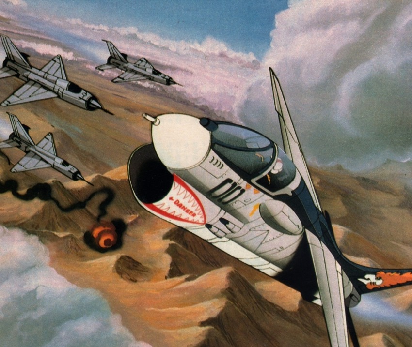 1980s_(style) 1boy aerial_battle afterburner aircraft airplane animage area_88 battle blue_sky cloud commentary desert destruction dogfight english_commentary explosion f-8_crusader fighter_jet fleet flying helmet kazama_shin key_visual magazine_scan mig-21 military_vehicle mountain nose_art official_art okada_toshiyasu oldschool pilot pilot_suit promotional_art radio_antenna retro_artstyle scan shark_nose_art sky smoke surrounded unicorn