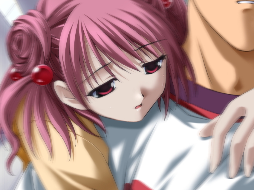 1boy 1girl 5pb. :o carrying clenched_teeth close-up double_bun donut_hair_bun ever_17 game_cg hair_bobbles hair_bun hair_ornament hetero hug kuranari_takeshi motion_blur open_mouth piggyback pink_eyes pink_hair short_hair sick sweat takigawa_yuu teeth yagami_coco
