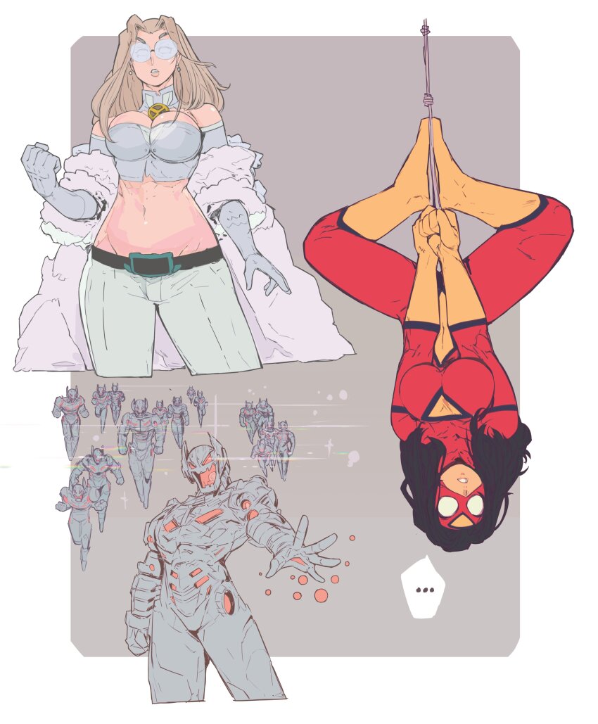 ... 1other 2girls absurdres black_hair blonde_hair bodysuit breasts cleavage elbow_gloves emma_frost glasses gloves highres jessica_drew large_breasts long_hair marvel michel_teru midriff multiple_girls pants red_bodysuit robot spider-man_(series) superhero_costume two-tone_bodysuit ultron upside-down white_bustier white_gloves white_pants x-men yellow_bodysuit
