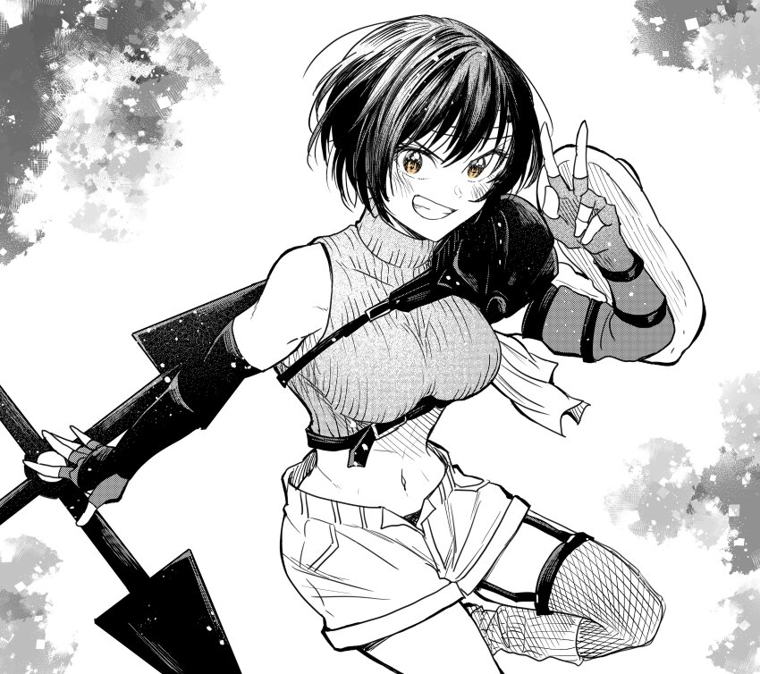 1girl absurdres armor asymmetrical_legwear black_hair blush breasts brown_eyes chest_strap crop_top elbow_gloves fighting_stance final_fantasy final_fantasy_vii final_fantasy_vii_remake fingerless_gloves fishnet_thighhighs fishnets gloves grin hair_between_eyes headband highres holding_shuriken holding_weapon kudou_makoto leg_armor looking_at_viewer medium_breasts midriff monochrome navel open_fly short_hair short_shorts shorts shoulder_armor shuriken single_bare_shoulder sleeveless sleeveless_turtleneck smile solo spot_color teeth thighhighs turtleneck v yuffie_kisaragi