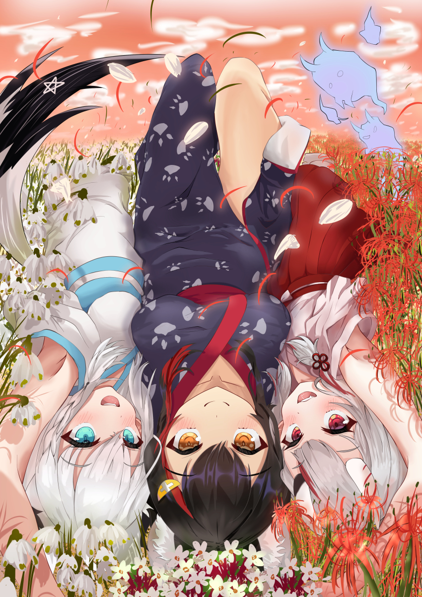3girls absurdres ahoge animal_ear_fluff animal_ears black_hair braid commentary_request earrings flower_bed fox_ears fox_girl fox_tail green_eyes hair_between_eyes highres hololive horns japanese_clothes jewelry kimono long_hair looking_at_viewer lying multicolored_hair multiple_girls nakiri_ayame on_back ookami_mio open_mouth red_eyes red_hair shirakami_fubuki sidelocks single_braid smile streaked_hair tail user_mfxx2383 virtual_youtuber white_hair wolf_ears wolf_girl yellow_eyes
