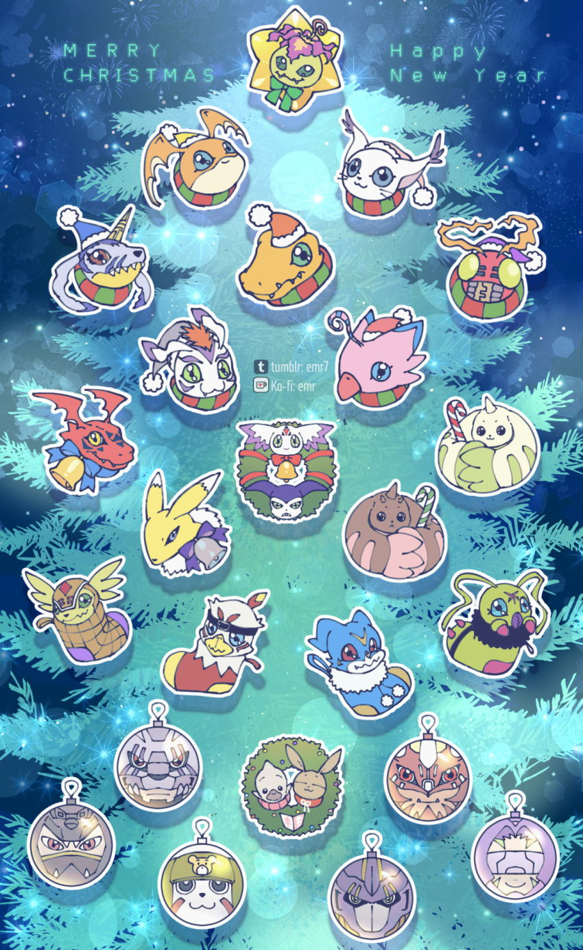 agnimon agumon armadimon blitzmon bokomon chackmon christmas culumon digimon digimon_(creature) fairimon flower gabumon gomamon guilmon hawkmon impmon lopmon louwemon neamon palmon patamon petals piyomon renamon ribbon sharp_teeth tail tailmon teeth tentomon terriermon v-mon wolfmon wormmon zero_unit