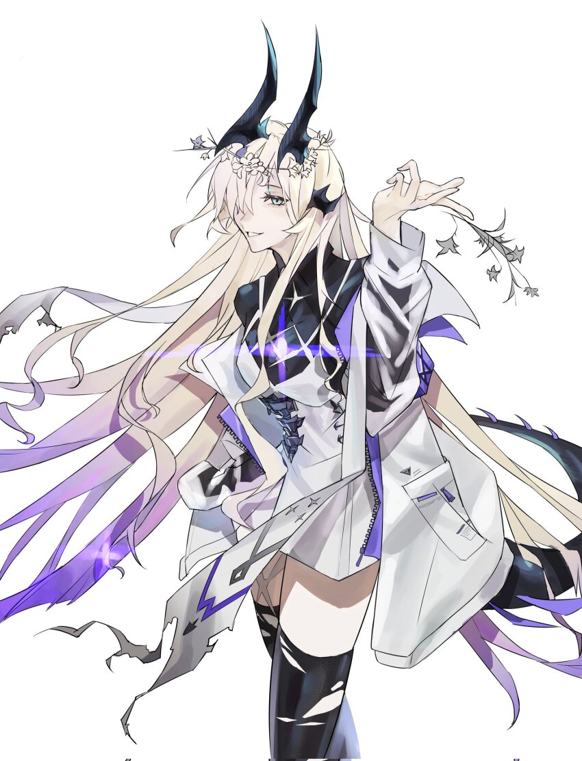1girl aheme3289 aqua_eyes arknights arm_up black_horns black_shirt black_tail black_thighhighs blonde_hair collared_shirt corrupted_twitter_file cowboy_shot diffraction_spikes dress grin hair_over_one_eye hashtag-only_commentary head_wreath highres horns long_hair long_sleeves looking_at_viewer necrass_(arknights) one_eye_covered shirt simple_background smile solo standing tail thighhighs torn_clothes torn_thighhighs unzipped white_background white_dress zipper
