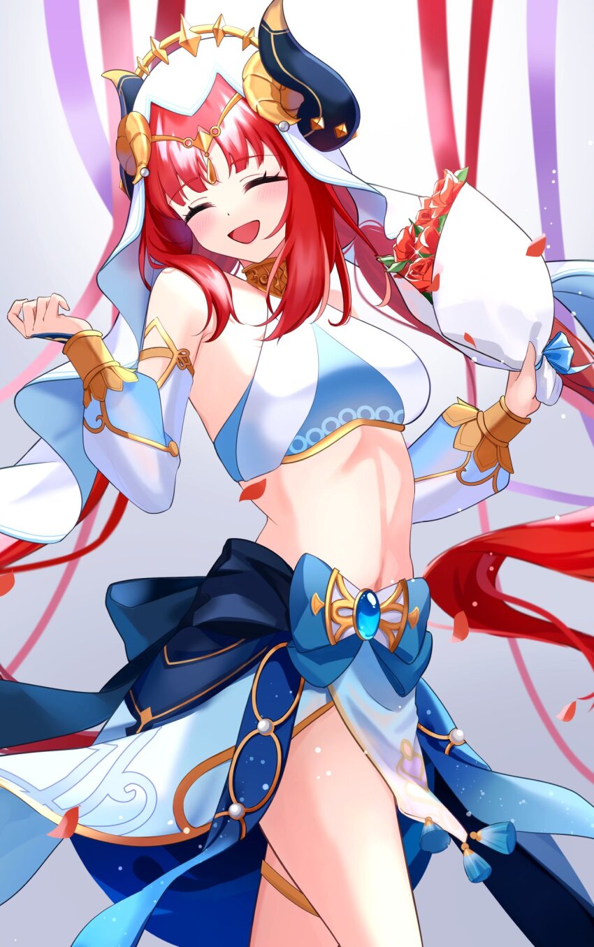 1girl blush breasts cape circlet closed_eyes crop_top detached_sleeves fake_horns genshin_impact harem_outfit highres horns jewelry long_hair long_sleeves marufus medium_breasts navel nilou_(genshin_impact) open_mouth red_hair smile solo twintails veil very_long_hair white_cape white_sleeves white_veil