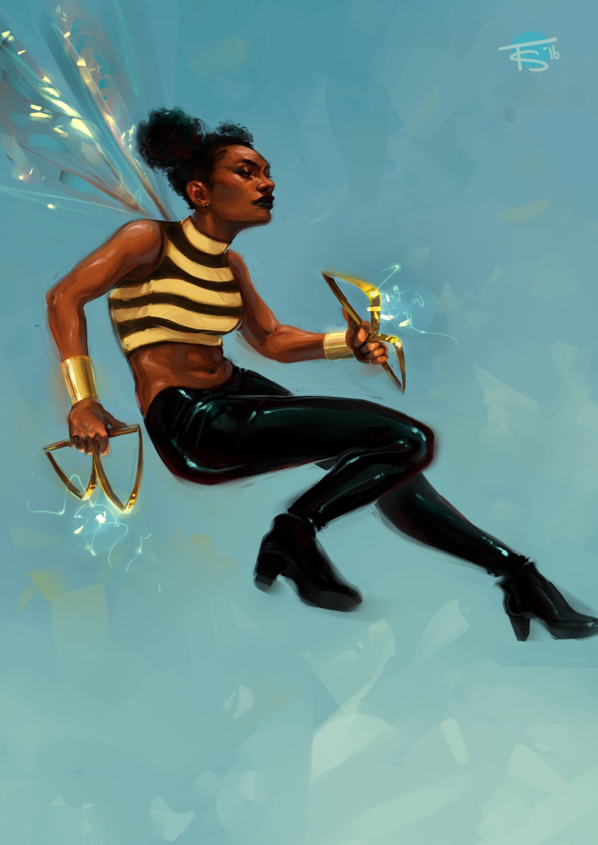 1girl bee_costume black_hair black_pants bumble_bee dark-skinned_female dark_skin dc_comics felicia_smith female_focus flying hair_bun highres karen_beecher midriff pants shirt single_hair_bun sleeveless solo striped_clothes striped_shirt teen_titans two-tone_stripes wings