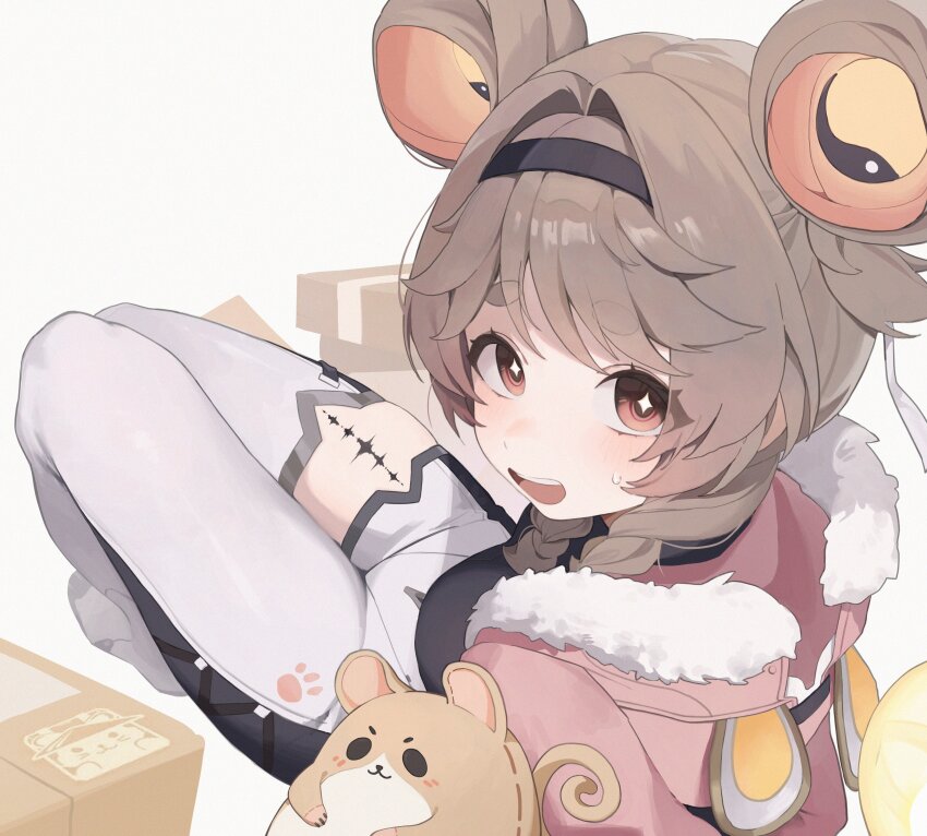 1girl absurdres bodysuit boots braid bright_pupils brown_eyes brown_hair fur-trimmed_jacket fur_trim highres irain_(_irain_) jacket looking_up low_twin_braids lumi_(wuthering_waves) open_mouth paw_print pink_jacket single_leg_bodysuit sitting solo sweatdrop tacet_mark_(wuthering_waves) teeth thick_eyebrows twin_braids upper_teeth_only white_bodysuit white_boots white_pupils wuthering_waves