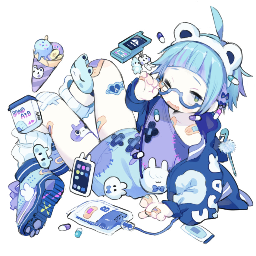 1boy adjusting_eyewear ahoge animal_ear_hairband animal_ears arched_bangs bandaid bandaid_on_chest bandaid_on_finger bandaid_on_leg bandaid_on_shoulder bear_ears black_bow blood blood_bag blue-framed_eyewear blue_hair blue_jacket blue_shirt blue_shoes blush_stickers bow cellphone charm_(object) commentary commentary_request cotono_(nazekun) crossed_bandaids english_commentary fake_animal_ears fang flip_phone food full_body gauze gauze_on_leg glasses green_eyes hair_bow hairband highres ice_cream ice_cream_cone invisible_chair jacket loose_socks male_focus mixed-language_commentary one_eye_closed open_clothes open_jacket open_mouth original patchwork_clothes phone pill_hair_ornament purple_shirt ribbed_socks round_eyewear semi-rimless_eyewear shirt shoes short_hair simple_background sitting skin_fang sneakers socks two-tone_shirt white_background white_socks
