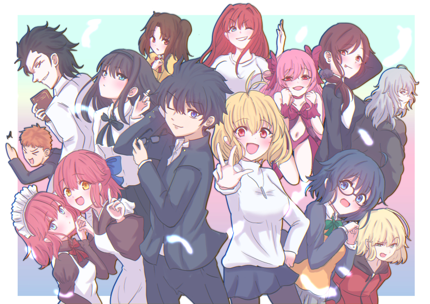 5boys 6+girls aozaki_aoko arcueid_brunestud black_eyes black_hair blonde_hair blue_eyes blue_hair blue_ribbon blush book bow breasts brown_hair ciel_(tsukihime) closed_eyes coat dark_persona dead_apostle_noel_(tsukihime) dress dual_persona everyone evil_grin evil_smile formal_clothes giorgio_(yo_sumire_sola1) glasses green_eyes grin group_picture hair_bow hair_slicked_back headband highres hisui_(tsukihime) holding holding_book holding_removed_eyewear hood hoodie inui_arihiko japanese_clothes jewelry kimono kohaku_(tsukihime) large_breasts long_hair looking_at_viewer maid maid_headdress mario_gallo_bestino michael_roa_valdamjong multiple_boys multiple_girls necklace noel_(tsukihime) one_eye_closed orange_hair pantyhose pink_bow pink_hair red_eyes red_hair ribbon school_uniform scrunchie short_hair siblings side_ponytail skirt smile souya_high_school_uniform sweater tohno_akiha tohno_shiki tongue tongue_out tsukihime tsukihime_(remake) turtleneck turtleneck_sweater twins twintails type-moon unworn_eyewear v vlov_arkhangel white_hair yellow_eyes yumizuka_satsuki