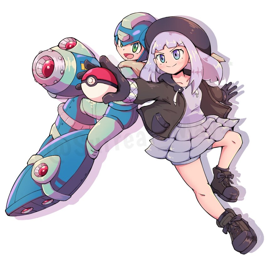 1boy 1girl arm_cannon black_footwear black_gloves black_hat black_jacket blue_eyes blue_helmet boots full_body gloves green_eyes grey_skirt hat helmet highres holding holding_poke_ball jacket mega_man_(character) mega_man_(classic) mega_man_(series) nintendo original poke_ball pokemon purple_shirt shirt simple_background skirt surrealmason twitter_username weapon white_background