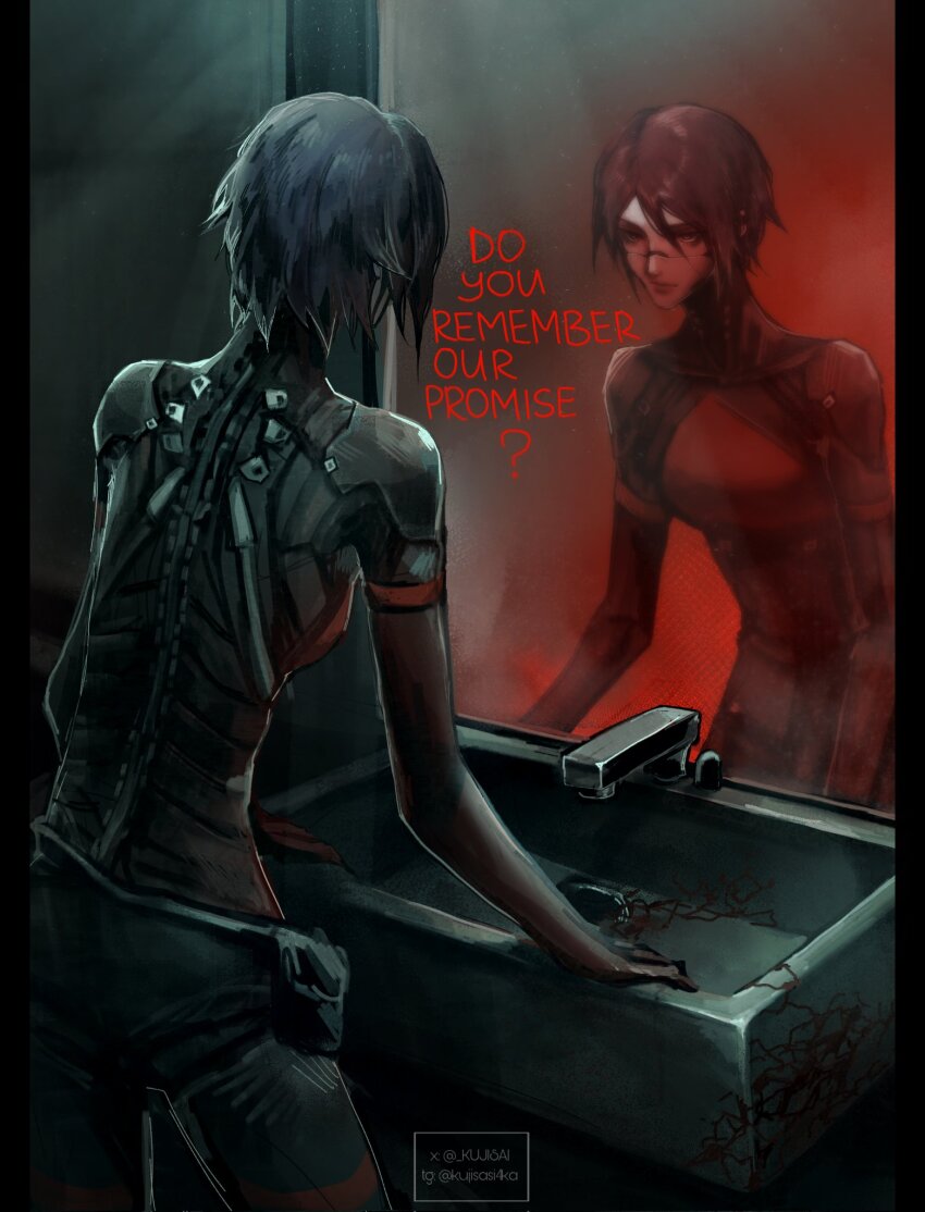 1girl android bathroom black_hair elster_(signalis) english_text highres horror_(theme) kujisai looking_at_mirror mirror red_light robot_girl short_hair signalis sink solo
