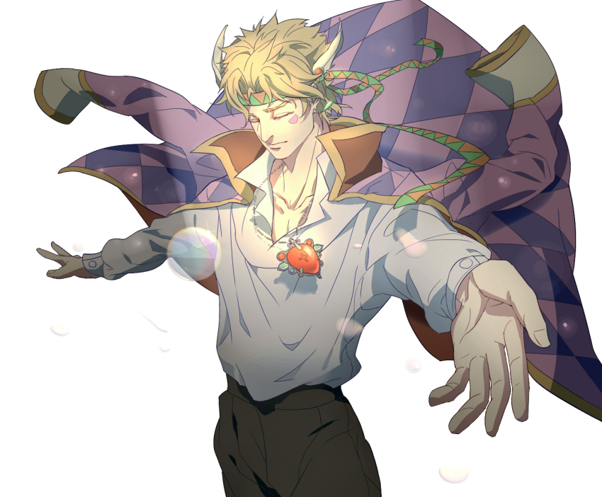1boy blonde_hair caesar_anthonio_zeppeli cosplay diffeng_cn facial_mark high-waist_pants highres howl howl_(cosplay) howl_(howl_no_ugoku_shiro) howl_(howl_no_ugoku_shiro)_(cosplay) howl_no_ugoku_shiro jacket jacket_on_shoulders jewelry jojo_no_kimyou_na_bouken male_focus necklace outstretched_arms pants red_stone_of_aja shueisha solo studio_ghibli