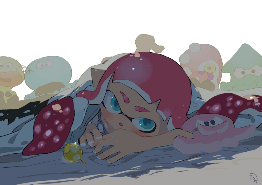 1girl :o blanket blue_eyes blush commentary_request hair_ornament head_on_arm head_rest highres inkling inkling_girl inkling_player_character jellyfish_(splatoon) kirikuchi_riku long_hair nintendo octotrooper open_mouth pink_hair pointy_ears solo splatoon_(series) stuffed_animal stuffed_octopus stuffed_squid stuffed_toy takoyaki_hair_ornament tentacle_hair twintails under_covers unworn_hair_ornament zapfish