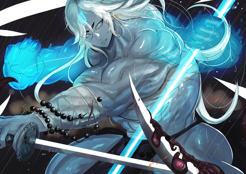 abs absurdres arm_wrap bandages battle bead_bracelet beads blood blue_fire blue_horns blue_ogre blue_oni blue_skin bracelet broad_shoulders casting_spell chest_sarashi cloud colored_skin deltoids energy extra_arms fighting_stance fire fujimura_teruyo_(blue_ogre) glowing highres holding holding_sword holding_weapon horns japanese_clothes jewelry katana magic martial_arts muscular muscular_female muscular_male night night_sky obliques oni original pelvic_curtain pyrokinesis rain sarashi shredded_muscles sky sword tall_female triceps unsheathed v-taper warrior weapon white_eyes white_hair