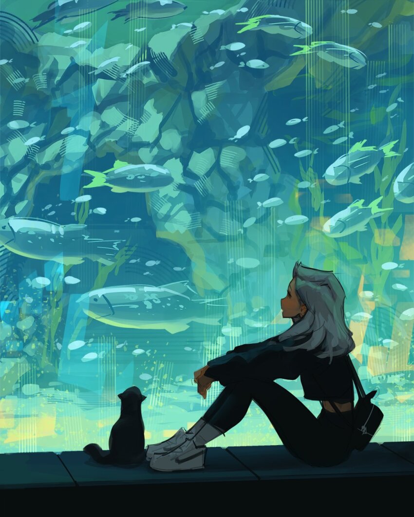 1girl aquarium black_cat black_pants black_shirt bruce_(sam_yang) cat commentary crop_top english_commentary fish glass highres indoors kara_(sam_yang) long_hair long_sleeves original pants sam_yang shirt sitting socks solo water white_hair white_sneakers white_socks