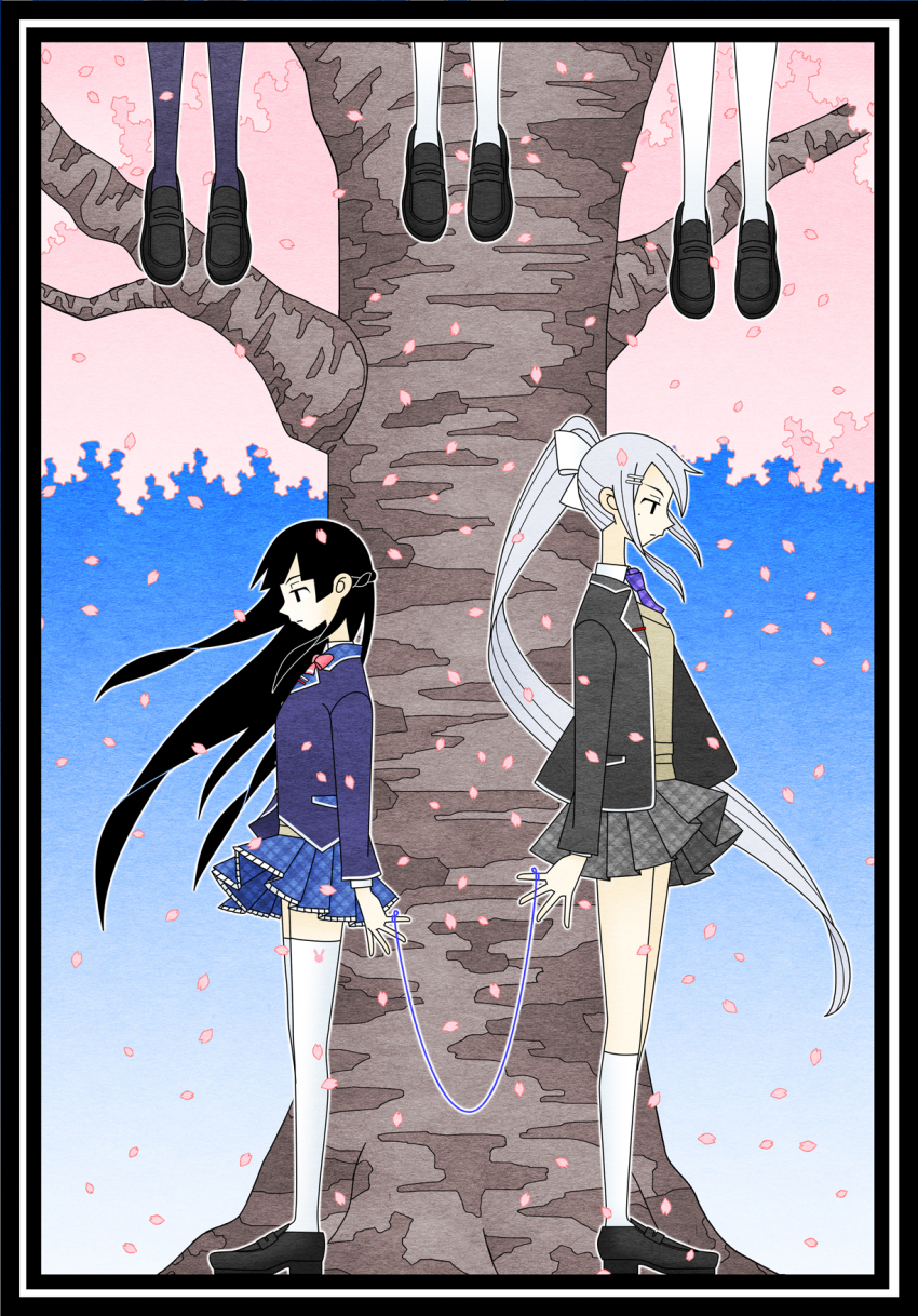 5girls back-to-back black_border black_eyes black_footwear black_hair black_jacket blazer blue_skirt blue_sky border bow brown_sweater cherry_blossoms closed_mouth collared_shirt commentary_request day falling_petals floating_hair from_side grey_hair grey_skirt hair_bow half_updo hanged highres higuchi_kaede higuchi_kaede_(1st_costume) hinoyama_ena jacket kneehighs kumeta_kouji_(style) lapels loafers long_hair long_sleeves multiple_girls necktie nijisanji open_clothes open_jacket out_of_frame outdoors outline parody petals plaid_clothes plaid_skirt pleated_skirt profile purple_jacket purple_necktie sayonara_zetsubou_sensei school_uniform shirt shoes skirt sky socks string string_around_finger string_of_fate style_parody sweater thighhighs tree tsukino_mito tsukino_mito_(1st_costume) very_long_hair virtual_youtuber white_border white_bow white_outline white_socks white_thighhighs wind