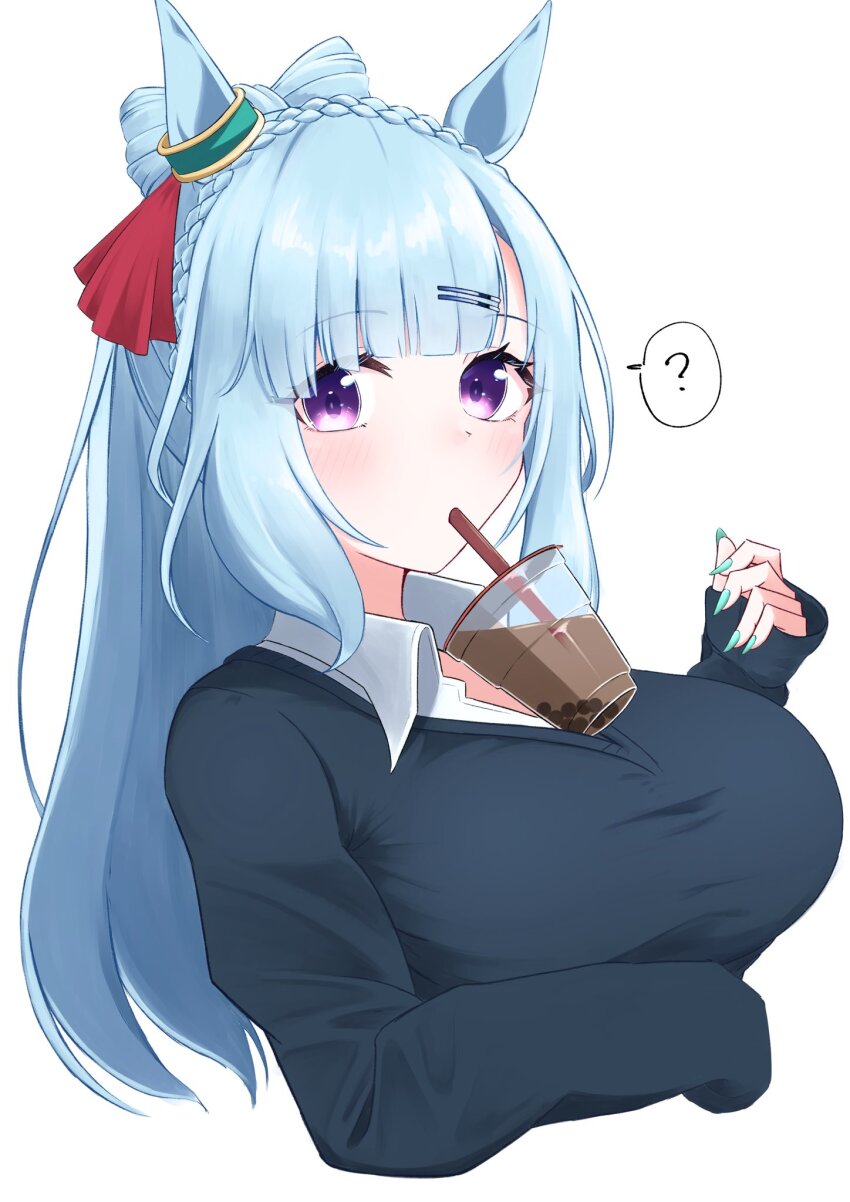 1girl ? animal_ears between_breasts blue_hair blue_sweater blush braid breasts bubble_tea bubble_tea_challenge collared_shirt crown_braid cup disposable_cup drink drinking_straw drinking_straw_in_mouth ear_ornament highres horse_ears horse_girl large_breasts long_hair long_sleeves looking_at_viewer mejiro_ardan_(umamusume) miya_(m9kl) object_on_breast purple_eyes shirt simple_background solo sweater umamusume upper_body white_background white_shirt