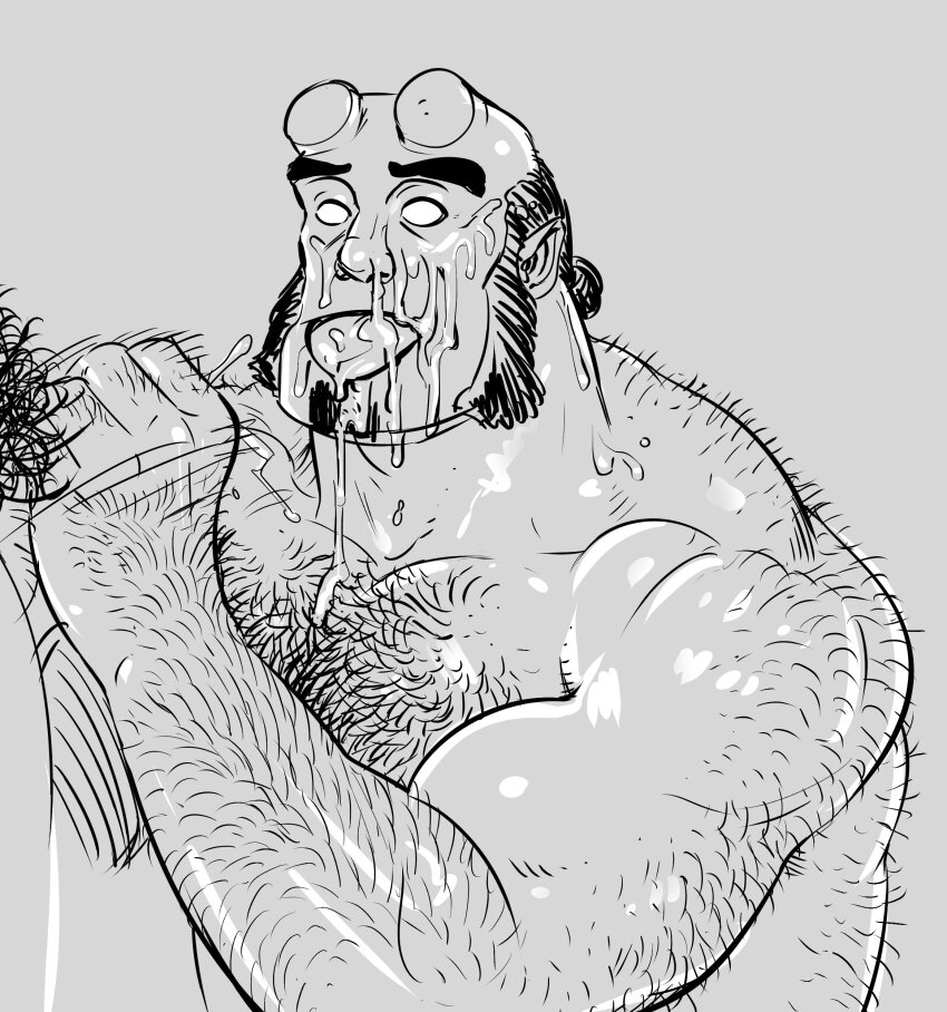 2boys absurdres after_fellatio balding bara blank_eyes broken_horn colored_skin cum cum_in_mouth cum_on_body demon_boy facial facial_hair goatee hairy hand_hair handjob hellboy hellboy_(comic) highres horns knuckle_hair large_pectorals looking_at_viewer male_focus male_pubic_hair mature_male monster_boy multiple_boys muscular muscular_male mutton_chops nipples nude pectorals pubic_hair red_skin smagma solo_focus strongman_waist thick_arm_hair thick_back_hair thick_chest_hair thick_thighs thighs upper_body very_hairy yaoi