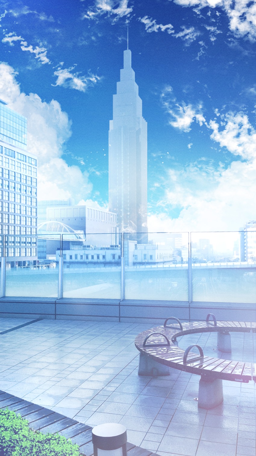 bench blue_sky blue_theme building cityscape cloud cloudy_sky commentary_request day grass highres no_humans original outdoors railing scenery shibuya_(tokyo) shinjuku_(tokyo) sky skyscraper tokyo_(city) yoshimo_(yoshiki_qaws) yoyogi