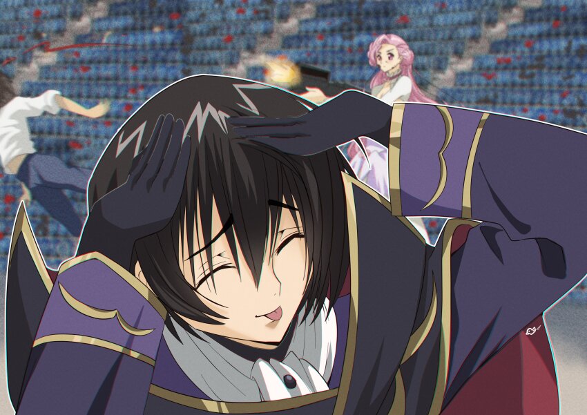 1boy 1girl 1other ^_^ absurdres ah_eto..._bleh_(meme) arms_up artist_name ascot black_cape black_coat black_gloves black_hair blood blurry blurry_background budgiepon cape chromatic_aberration closed_eyes closed_mouth coat code_geass euphemia_li_britannia firing geass gloves gold_trim gun hair_between_eyes hands_on_own_head high_collar highres holding holding_gun holding_weapon lelouch_vi_britannia long_hair long_sleeves machine_gun male_focus meme murder muzzle_flash out_of_character outdoors outline pink_hair purple_eyes raised_eyebrows short_hair sidelocks signature smile solo_focus spoilers stadium taiho_shichauzo tongue tongue_out two-sided_cape two-sided_fabric upper_body weapon white_ascot white_outline zero_(code_geass)