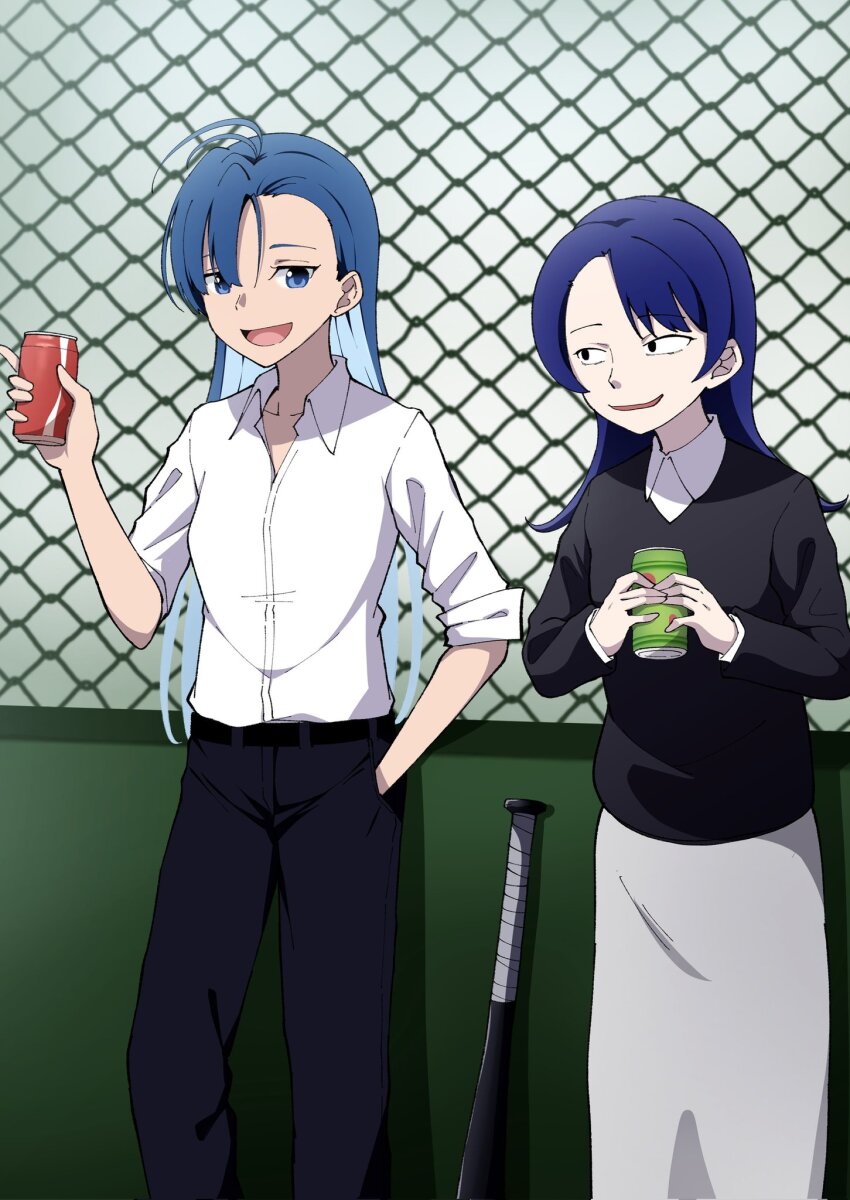 2girls ado_(utaite) ahoge asymmetrical_bangs atashi_wa_mondaisaku baseball_bat belt black_belt black_sweater blue_eyes blue_hair blue_pants breasts can chain-link_fence cloud_nine_inc collarbone collared_shirt commentary_request dress_shirt fence grey_skirt hand_in_pocket highres holding holding_can long_hair long_sleeves merry_(ado) multiple_girls nori_(norinori_yrl) open_mouth pants readymade_(ado) shirt short_sleeves skirt small_breasts smile standing sweater tanaka_keiko_(amagami) voice_actor_connection white_shirt