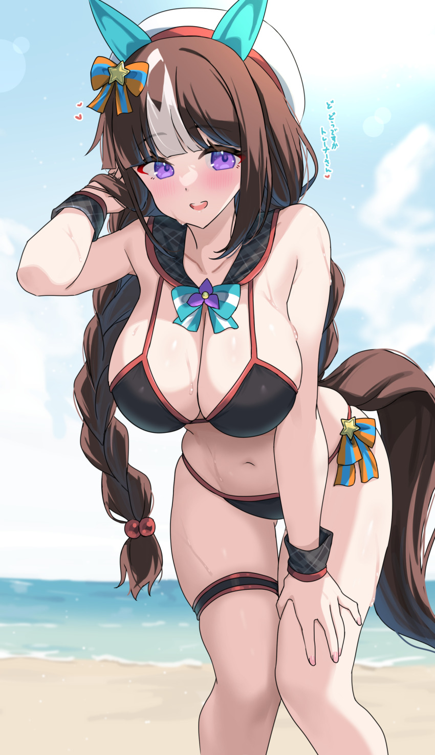 1girl animal_ears blue_sky blush breasts brown_hair cloud commentary_request commission day ear_covers hat highres hokko_tarumae_(umamusume) horse_ears horse_girl horse_tail kibihimi large_breasts long_hair looking_at_viewer multicolored_hair navel ocean purple_eyes skeb_commission sky solo streaked_hair swimsuit tail umamusume white_hair white_hat