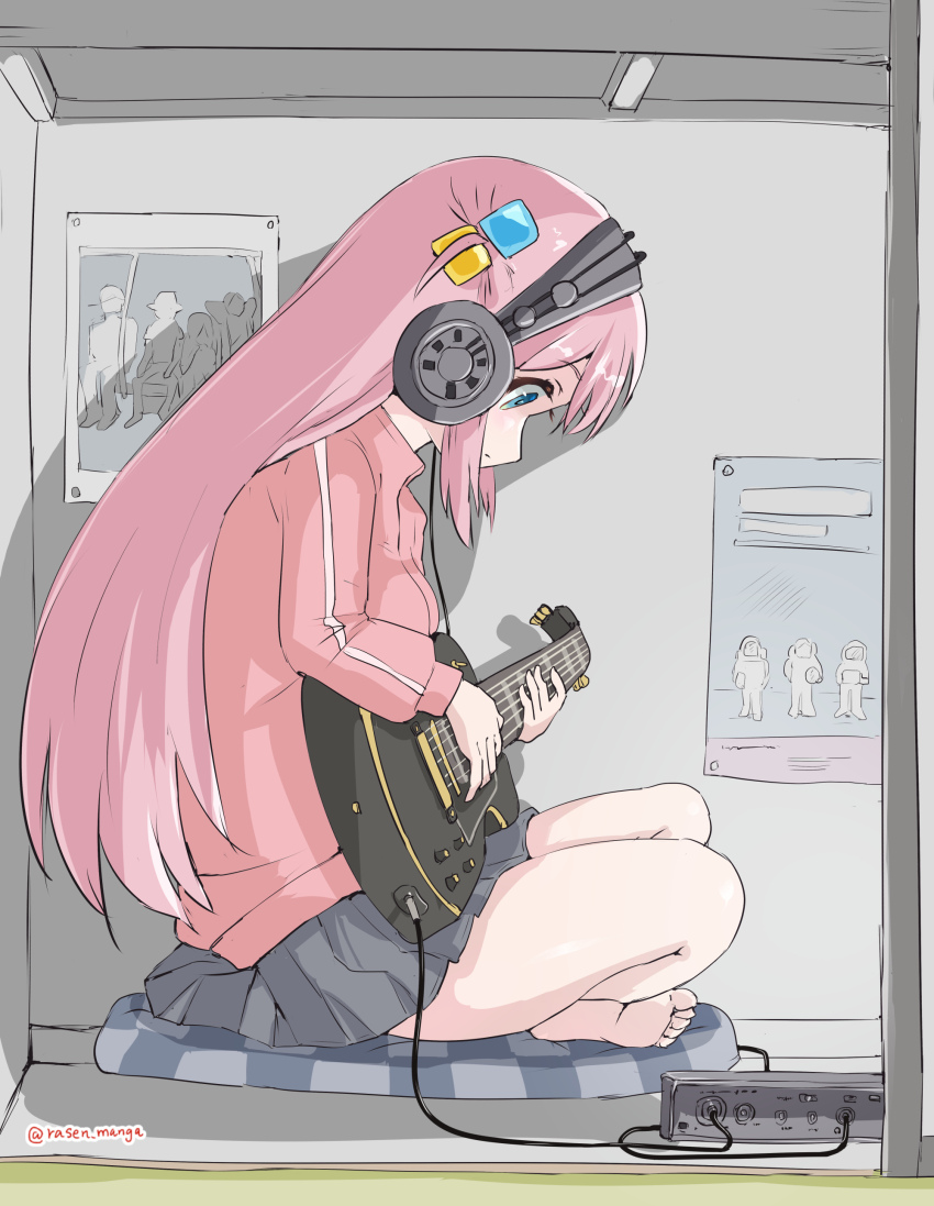1girl absurdres barefoot blue_eyes bocchi_the_rock! commentary_request cube_hair_ornament cushion electric_guitar facing_down from_side gotoh_hitori guitar hair_ornament headphones highres indian_style instrument jacket long_hair long_sleeves one_side_up pink_hair pleated_skirt poster_(object) profile rasen_manga sitting skirt solo track_jacket